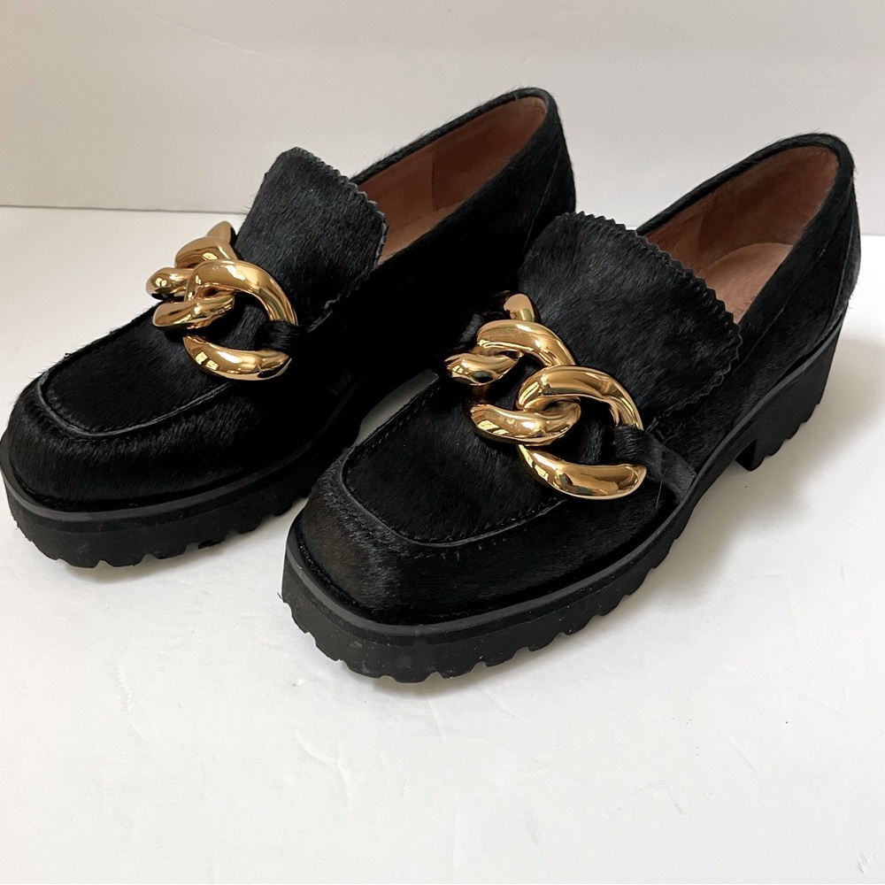 ALL BLACK Chunky Black Calf Hair Lug Sole Chain Loafers Sz EU 38/US 7.5